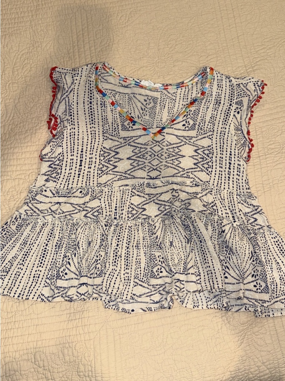 THML Blue and Red Patterned V-Neck Blouse